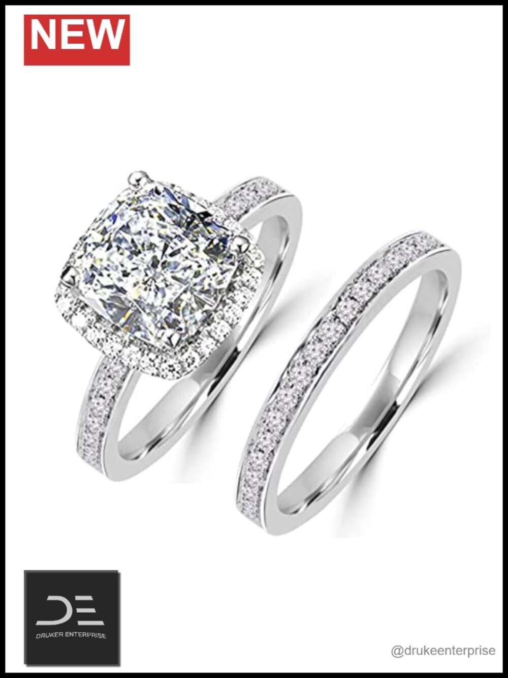 2 Carat Princess Cut Simulated Diamond Ring Set Solid 925 Silver Halo Bridal Set